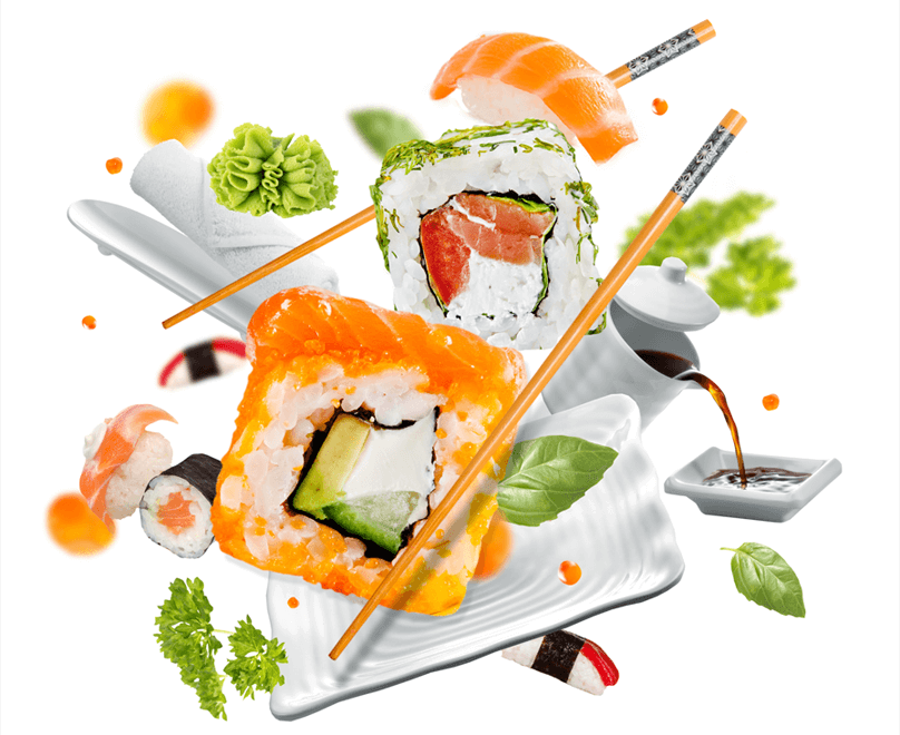 sushi dishes in a cascade of food with soy sauce and chopsticks